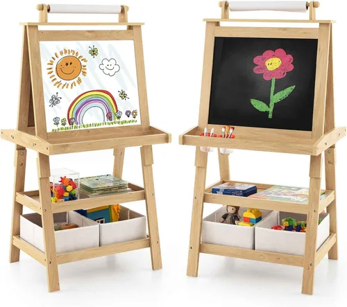 Miniatura 11 de Costzon Caballete de arte para niños, caballete de pintura de doble cara 3 en 1 con pizarra blanca magnética, pizarra y rollo de papel, estante