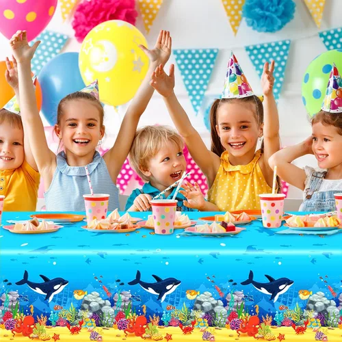 Miniatura 6 de Juego de 3 manteles de plástico con diseño de tiburón y animales bajo el mar, 106 x 54 pulgadas, diseño de ondas oceánicas para baby shower, playa