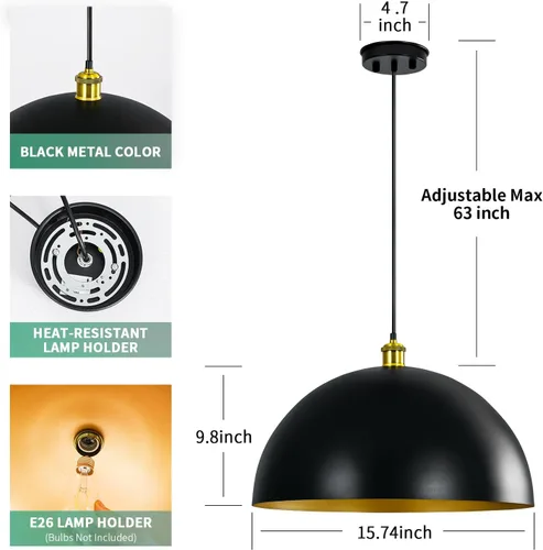 Miniatura 4 de Lámpara Colgante de Granja Negra Accesorios de Lámpara Colgante - Luces Colgantes de Isla de Cocina de 16 pulgadas Luces Colgantes Industriales