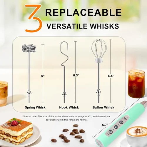 Miniatura 3 de YUSWKO Baby Blue - Varita espumadora de leche de mano para café, batidor eléctrico recargable con 3 cabezales, 3 velocidades, mezclador de bebidas