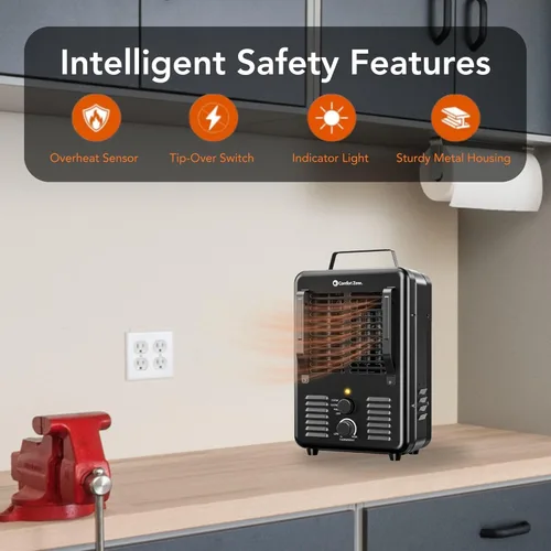 Miniatura 2 de Comfort Zone Calentador eléctrico portátil de 1,500 vatios estilo Milkhouse con termostato ajustable, protección contra sobrecalentamiento e Negro