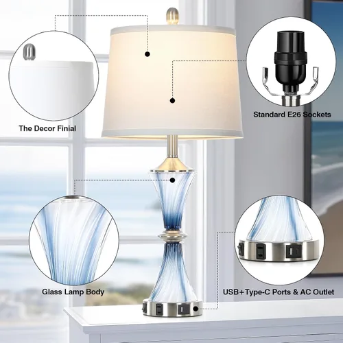Miniatura 6 de Rinweey - Lámpara de mesa de vidrio azul con puertos USB C+A y salidas de AC, lámpara de noche costera para mesitas de noche, dormitorio, sala