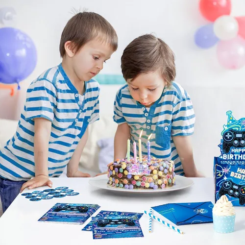 Miniatura 7 de WERNNSAI Invitación para Fiesta de Videojuego - Juego de 24 Tarjetas de Cumpleaños de Juego Azules para Llenar con Sobres y Adhesivo para Niños