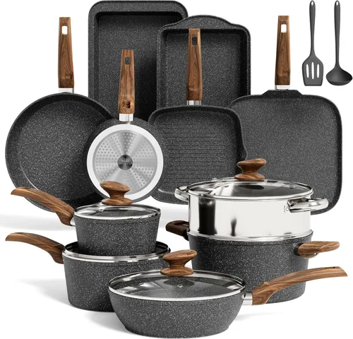 Miniatura 14 de MAISON ARTS Juego de ollas y sartenes antiadherentes de 17 piezas, juegos de utensilios de cocina con revestimiento de piedra de granito Verde