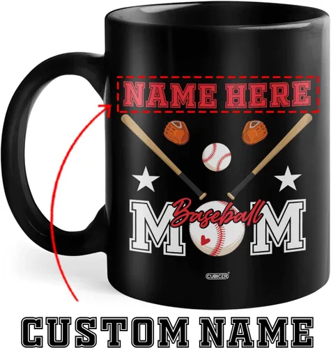 Miniatura 2 de CUBICER Taza de café de cerámica negra personalizada, tazas de béisbol para mamá, con nombre personalizado, tazas grandes, regalos de cumpleaños