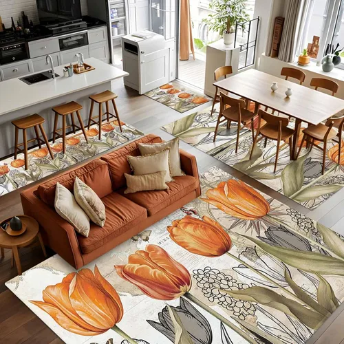Miniatura 4 de 2x3 Area Rugs, Orange Flower Non Slip Area Rugs for Living Room, Bedroom, Barhroom, Entryway, Watercolor Retro Tulip Floral Butterfly Soft Kitchen