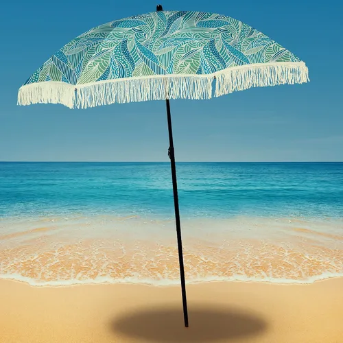 Miniatura 55 de Sombrilla de playa para arena, resistente al viento, con bolsa de anclaje de arena, portátil, flecos, bolsa de mezclilla, cuenta con parte inferior