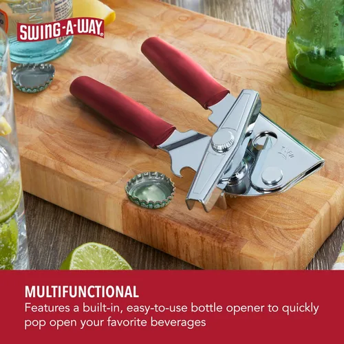 Miniatura 3 de Swing-A-Way - Abridor de latas portátil con cuchilla afilada, manual de mano, 2 en 1 para latas y botellas, fabricado en acero, perilla fácil de Rojo