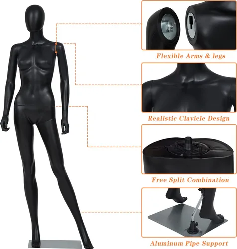 Miniatura 5 de Maniquí femenino de cuerpo completo de 70 pulgadas, forma de vestido de torso cuerpo de maniquí ajustable desmontable cuerpo completo con cabeza