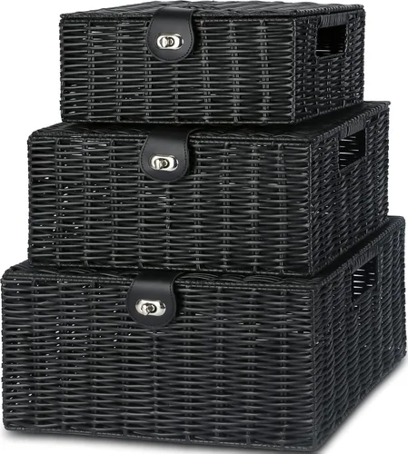 Honygebia - Canastas de almacenamiento de mimbre negro - Juego de 3 cajas decorativas anidadas con tapas, canasta tejida con cerradura y asa,