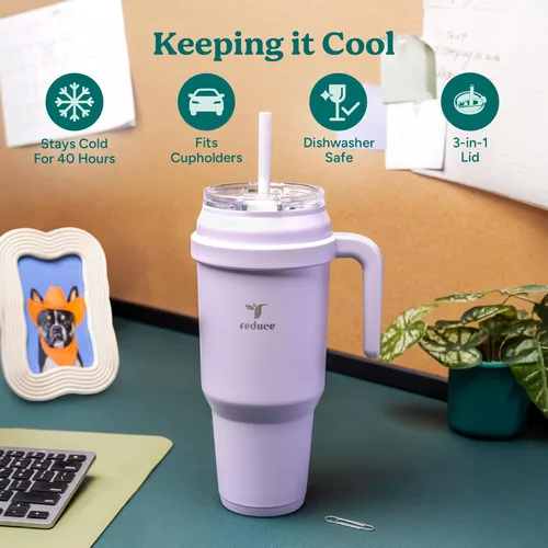 Miniatura 3 de Reduce Vaso de acero inoxidable de 50 onzas con asa, doble pared aislada al vacío, taza de viaje, tapa a prueba de sudor y popote reutilizable