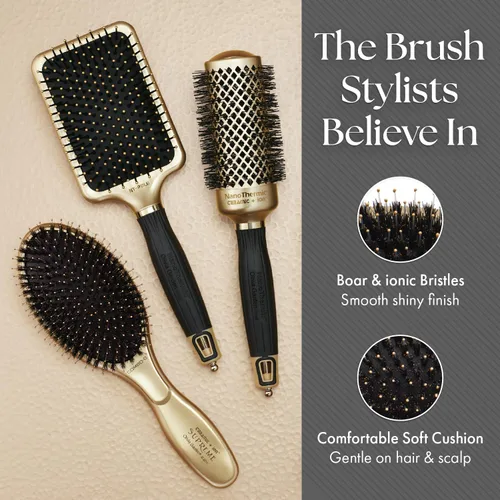 Miniatura 5 de Olivia Garden Cerámica + Ion Supreme Styler Cushion Paddle Brush - Jabalí e iónico para brillo, control del encrespamiento y cabello más suave Dorado