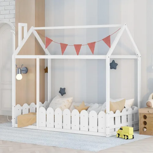 Harper & Bright Designs Marco de cama individual para niños, cama Montessori de madera individual con barandillas en forma de valla, marcos de cama
