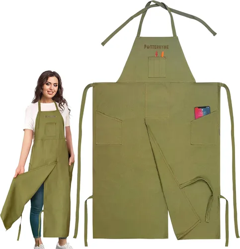Delantal de cerámica de cobertura completa, pierna dividida, 100% algodón, delantales de cerámica y cerámica con bolsillos para mujeres y hombres