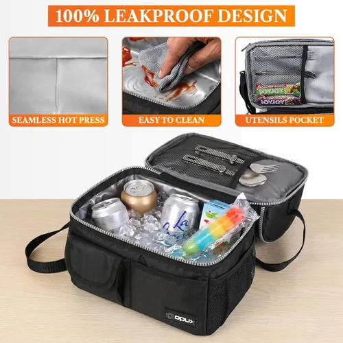 Miniatura 4 de Opux - Bolsa de almuerzo aislada de doble compartimento para hombres y mujeres Bolsa de almuerzo reutilizable con correa para el hombro, forro