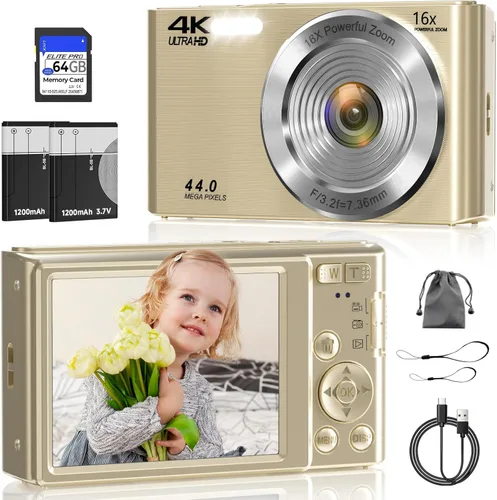Miniatura 12 de Cámara digital, cámara de enfoque automático 4K para fotografía con tarjeta de 64GB, cámara digital compacta portátil de 44MP para adolescentes