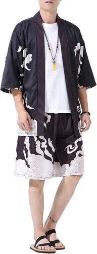 Miniatura 4 de PRIJOUHE Conjunto de kimono de estilo japonés para hombre, ligero, casual, con siete mangas, frente abierto, cárdigan y pantalones cortos