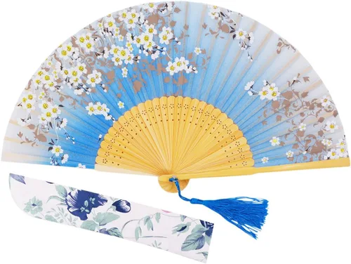 Miniatura 22 de Abanico plegable de seda y bambú, 8.27 pulgadas (21 cm), estilo retro, vintage, elegante y encantador, chino/japonés, regalo para mujeres y niñas