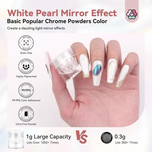 Miniatura 2 de SAVILAND Polvo de uñas cromado con perla blanca: 1 g de polvo de cromo con efecto espejo metálico, unicornio, iridiscente, nacarado, aurora