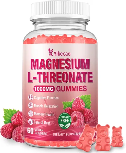 Gomitas de magnesio L-treonato de 1000 mg, suplemento de treonato de magnesio sin azúcar para niños y adultos, soporte del sistema nervioso y