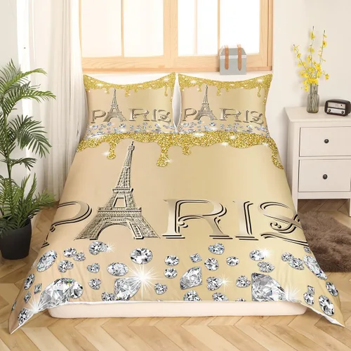 Miniatura 12 de Erosebridal Funda de edredón de la Torre Eiffel para niñas, juego de ropa de cama romántica de París azul, negro y blanco, funda de edredón