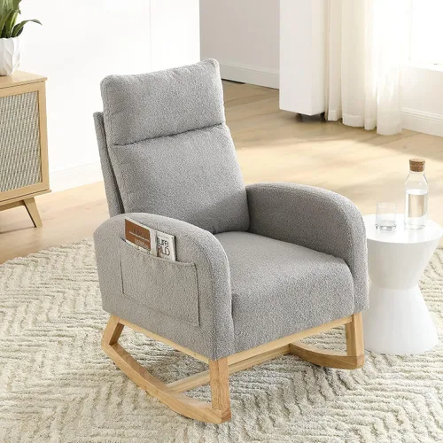 Miniatura 11 de Mecedora para guardería con patas de madera maciza, silla deslizante para guardería con dos bolsillos laterales, sillón mecedor para sala de estar