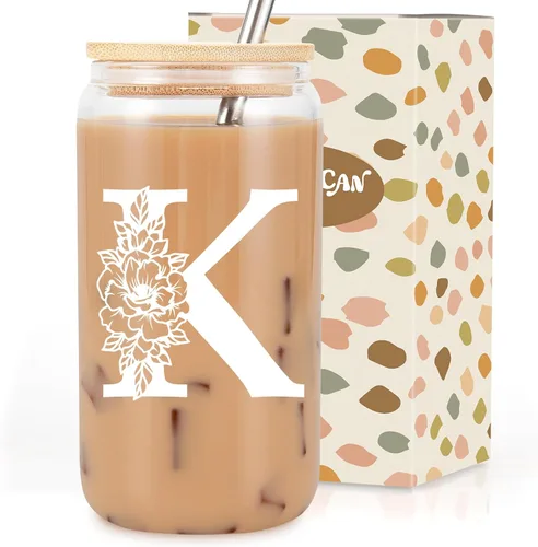 Taza de Vidrio Inicial Coolife, Regalos Personalizados con Monograma para Mujeres, Tazas de Vidrio de 16 oz con Tapas y Popotes, Vaso de Café