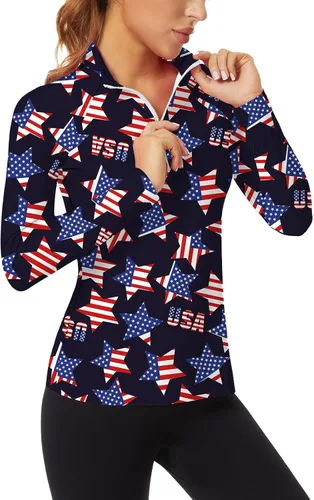 Miniatura 21 de WOWENY Camiseta deportiva de manga larga para mujer, con cremallera de un cuarto, cuello para entrenamiento, camiseta de tenis con estampado