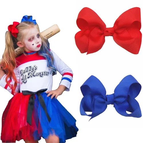 AUOCATTAIL 2 pinzas para el cabello con lazo de cinta azul y rojo, accesorios de pelo de payaso de 3 pulgadas para niñas, niños, decoración del día
