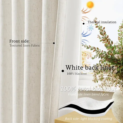 Miniatura 5 de Cream Linen Blackout Curtains 90 Length 2 Panels Set for Living Room Bedroom, 100% Black Out Thermal Insulated Linen Drapes, Room Darkening Grommet