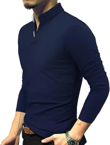 Miniatura 3 de LOGEEYAR Camisa polo de moda para hombre, de manga larga, ajustada, Henley, ropa de algodón piqué