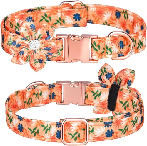 Miniatura 5 de Collar de cachorro con patrón floral, bonito collar de perro con flor de diamantes de imitación desmontable para perras (S, azul)