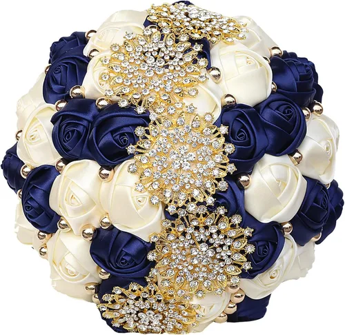 Miniatura 6 de XINNI Ramo de boda nupcial hecho a mano novia dama de honor satén rosa ramo de flores con diamantes de imitación perla encaje decoración de boda