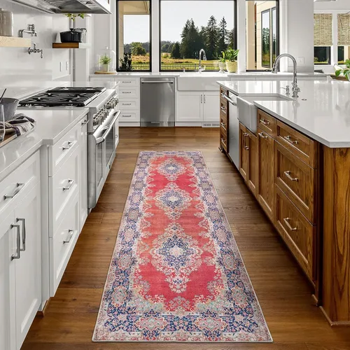 DECOMALL Alfombra lavable de 2 pies 6 x 9 pies, alfombra para pasillo con respaldo de goma, antideslizante para cocina Rojo rosa