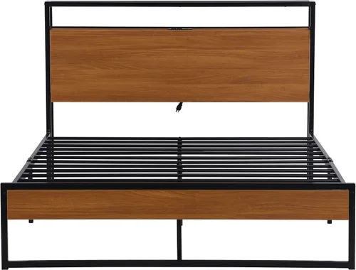Miniatura 9 de VilroCaz Cama de plataforma de tamaño matrimonial con enchufes y puertos USB, marco de cama de plataforma de metal moderno con cajones, soporte