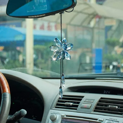 Miniatura 3 de Accesorio de pendiente decorativo, diseño de flor de cristal, para espejo retrovisor de vehículo, Azul