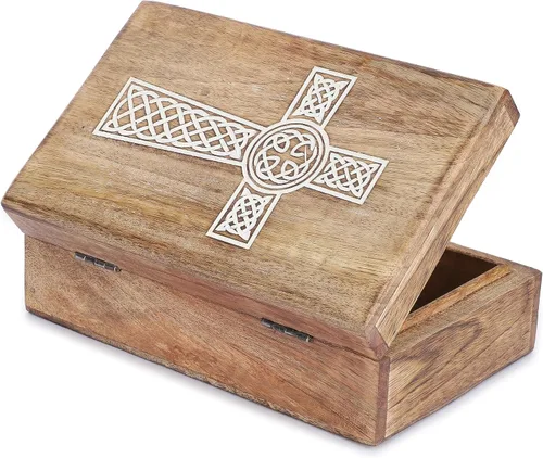Miniatura 4 de Ajuny Caja de almacenamiento decorativa de madera tallada a mano para joyas, caja de arte, organizador de almacenamiento con diseño de cruz blanca