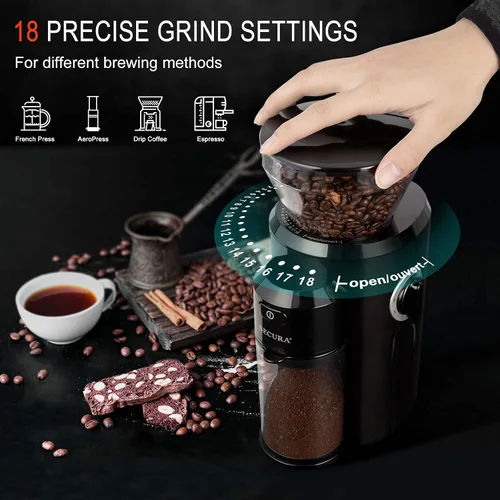 Miniatura 2 de Secura Molinillo de café de rebabas cónicas, molinillo de café eléctrico con 18 ajustes de molienda, molinillo de granos de café ajustable para 2-10
