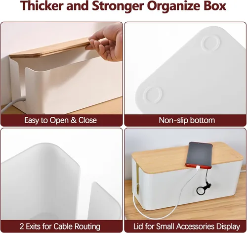 Miniatura 6 de Caja organizadora de cables, paquete de 2 cajas organizadoras de cables grandes de madera para la oficina y el hogar, caja organizadora de cables 2