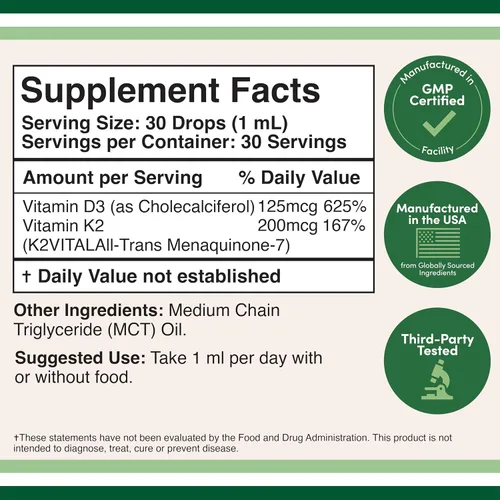 Miniatura 2 de Vitamina D3 K2 5,000 UI Gotas Líquidas (5,000 UI de D3 y 200 mcg de 99.9% All-Trans Patentado K2 MK-7 (K2Vital)) Gotas Líquidas de Vitamina D