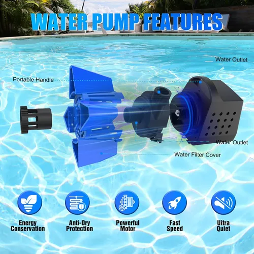 Miniatura 4 de AgiiMan Bombas de estanque, bomba de cubierta de piscina de 3500 GPH de 2 HP con bolsa de filtro y cable de 33 pies, bomba de agua sumergible, Azul