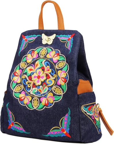 Miniatura 3 de Denim bordado floral lona mochilas para mujeres antirrobo retro jeans viaje estilo étnico bolso de hombro, MochilaBolso, Unitalla, Jean Azul Marino