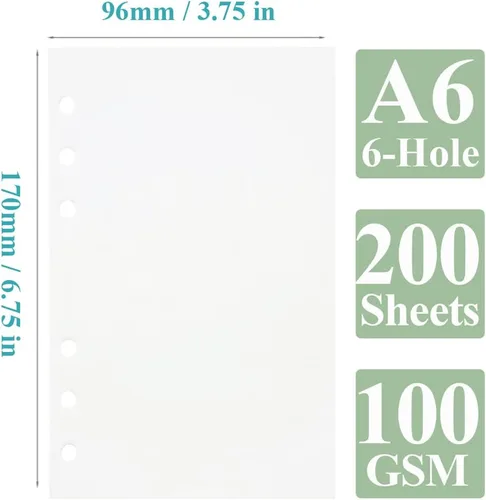 Miniatura 2 de Paquete de 2 hojas sueltas A6 de papel de repuesto en blanco, 200 hojas/400 páginas para carpetas personales Filofax, 6 agujeros perforados, páginas