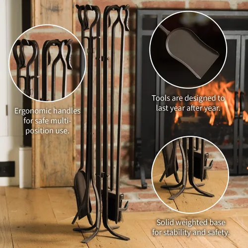 Miniatura 2 de Plow & Hearth Juego de 5 herramientas compactas de hierro forjado a mano para chimenea de 32.5 pulgadas Mango de hierro forjado negro