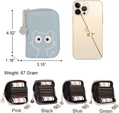 Miniatura 3 de Sunwel Fashion Lindo portatarjetas con diseño de gato pequeño - Estuche para tarjetas con cremallera de acordeón, bolsillos para efectivo, monedero