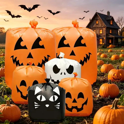 Miniatura 7 de 6 bolsas de calabaza de Halloween para césped, incluye 2 bolsas de 48 x 36 pulgadas de calabaza sonriente y 4 bolsas de basura de Halloween de 30 x