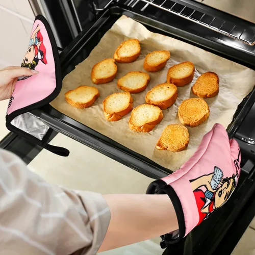 Miniatura 6 de Juegos de guantes de horno divertidos y soportes para ollas antideslizantes para cocinar, barbacoa, parrilla con acolchado, guantes resistentes al