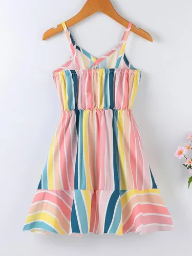Miniatura 2 de WDIRARA Vestido de tirantes de cintura alta con dobladillo con volantes y rayas para niñas pequeñas