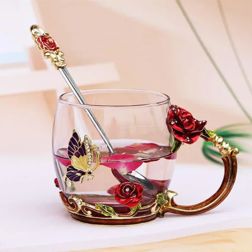 Miniatura 2 de Luka Tech - Tazas de café de vidrio sin plomo con mariposa y flores esmaltadas, taza de té con cuchara de acero, regalos personalizados para Rosa