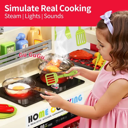 Miniatura 2 de Pupu Pig Juego de cocina para niños, cocina de juego con estufa, parrilla, fregadero, comida de juguete, accesorios de cocina, cocina con luces Play